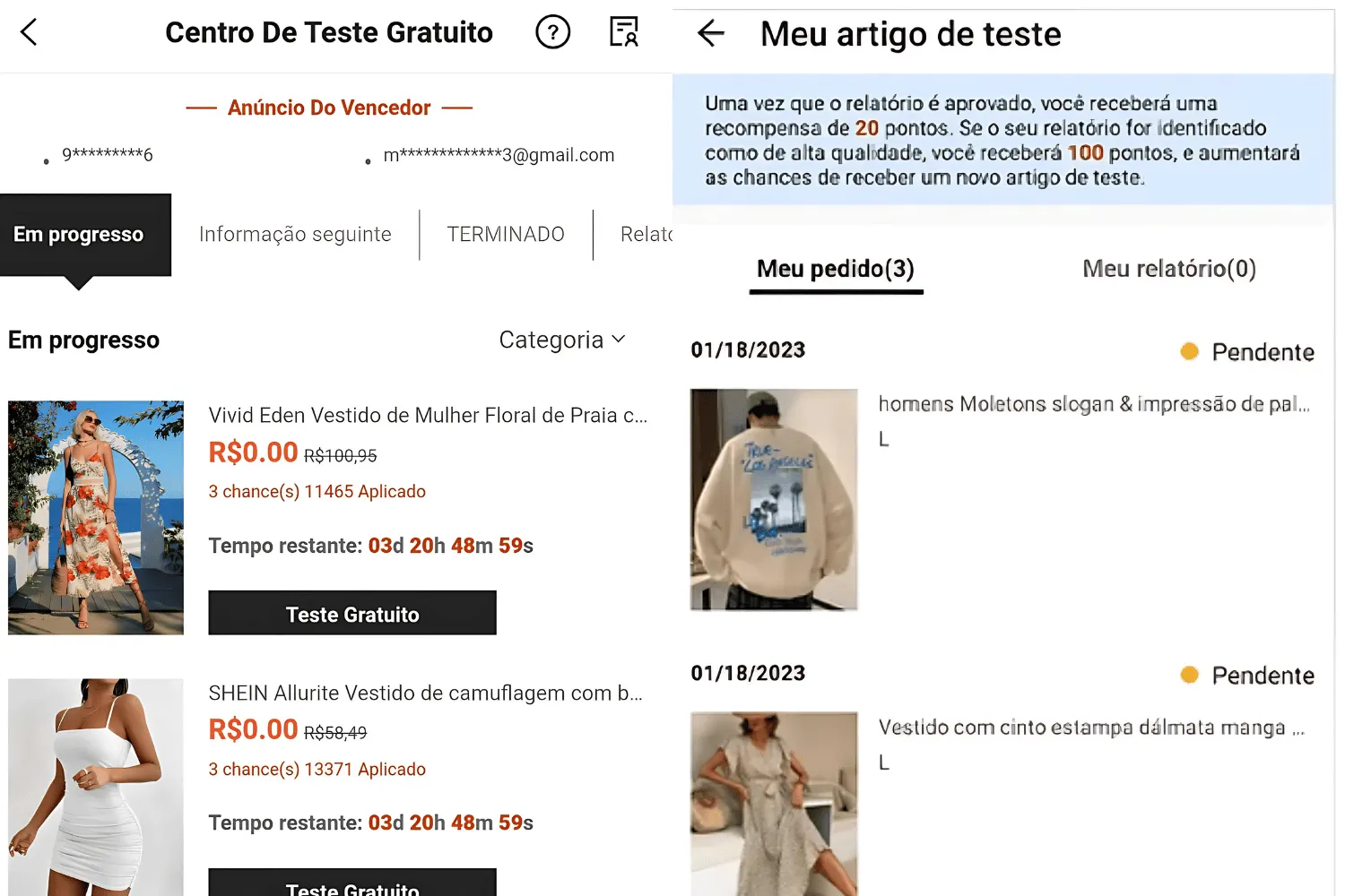 produtos grátis da Shein