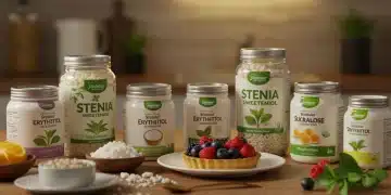 Variedade de adoçantes e uma sobremesa caseira deliciosa, destacando opções para uma culinária saudável em 2026.