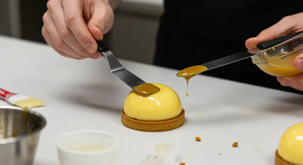 Mãos aplicando glacê espelhado em uma sobremesa individual com técnica profissional.