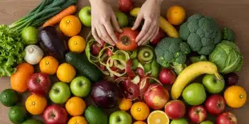 Aproveitar 90% dos Alimentos: Guia Completo para Reduzir Desperdício na Cozinha Mesa de cozinha com variedade de frutas, legumes e sobras organizadas, simbolizando o aproveitamento integral dos alimentos.