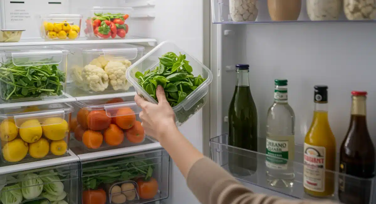 Pessoa organizando e armazenando alimentos frescos na geladeira para evitar o desperdício.