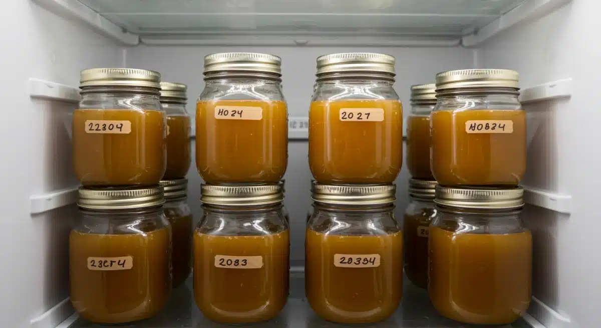 Potes de vidro com caldo caseiro etiquetados e organizados dentro de uma geladeira limpa, demonstrando armazenamento eficiente.