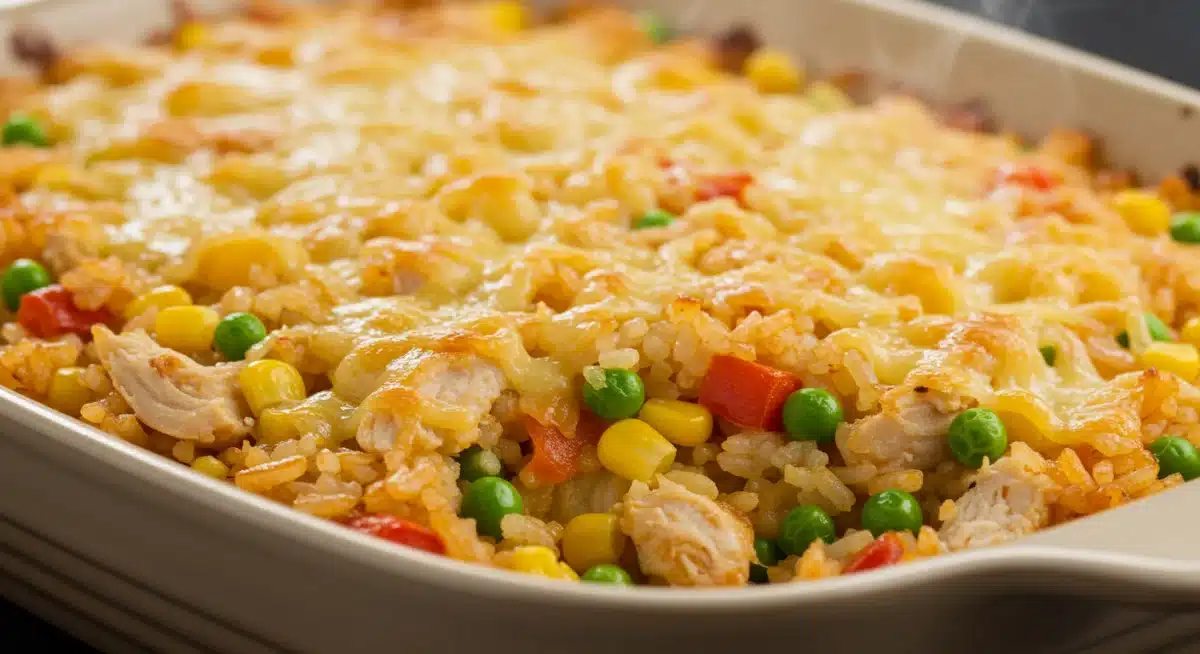 Arroz de forno gratinado com sobras de frango desfiado e legumes, saindo do forno, mostrando uma refeição deliciosa e econômica.
