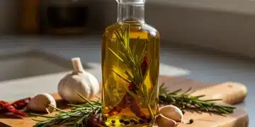 Garrafa de azeite aromatizado com alecrim, alho e pimenta, em uma tábua de madeira na cozinha.