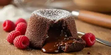 Bolo de chocolate com centro líquido, polvilhado com açúcar e framboesas, em uma mesa de madeira rústica.