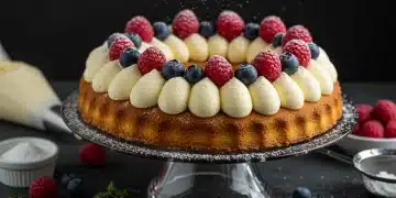Bolo caseiro decorado com acabamento profissional, detalhes de glacê e frutas frescas para 2026.