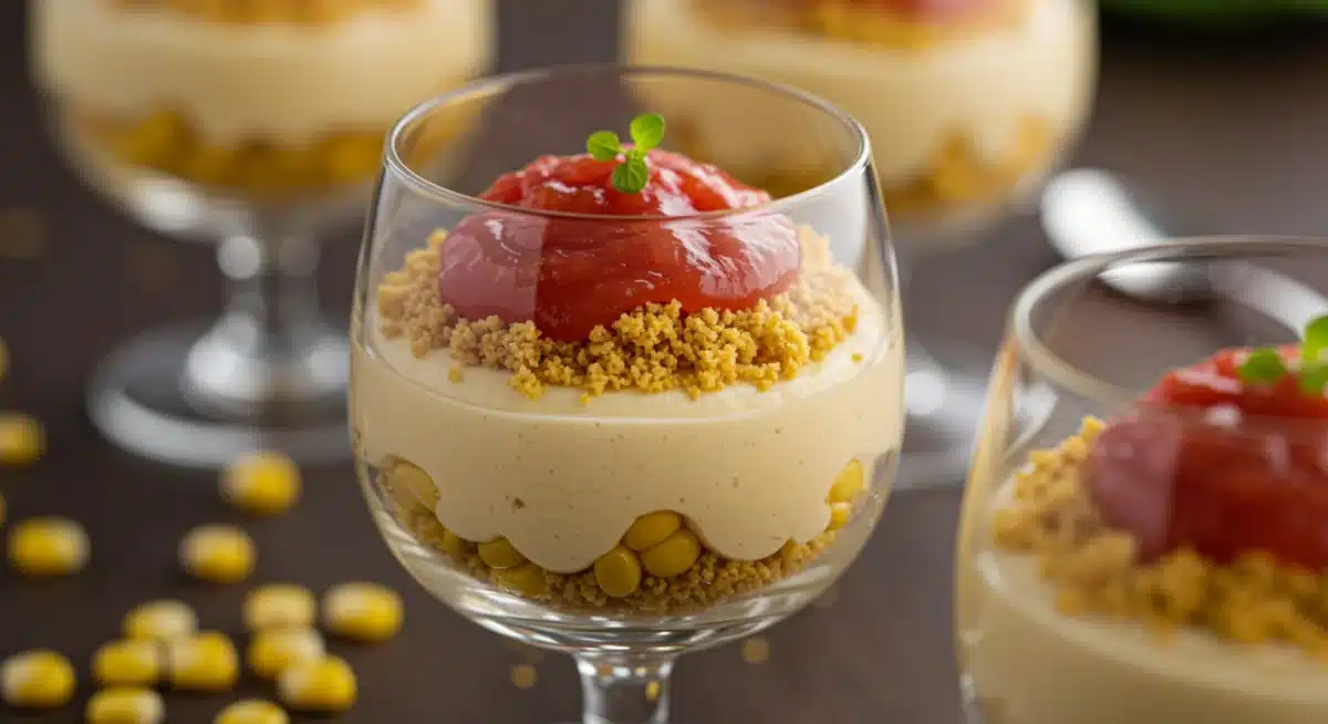 Bolo de fubá desconstruído servido em taça, com camadas de mousse de milho, farofa de bolo e calda de goiabada, decorado com elegância.