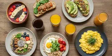 Mesa posta com diversas opções de café da manhã fit, incluindo smoothie bowl, torradas com abacate, aveia overnight e ovos mexidos, tudo preparado rapidamente.