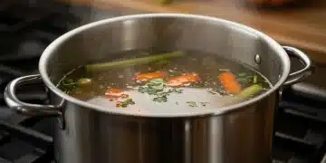 Caldo caseiro dourado e nutritivo em panela, com vegetais frescos e ervas aromáticas, exalando vapor, em um ambiente de cozinha acolhedor.
