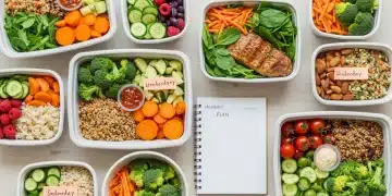 Cardápio semanal fit e saudável com refeições pré-preparadas em potes, destacando variedade de nutrientes.