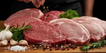 Variedade de carnes cruas frescas com temperos, ervas e especiarias sobre uma tábua de madeira rústica, pronta para temperar e cozinhar, realçando o sabor.