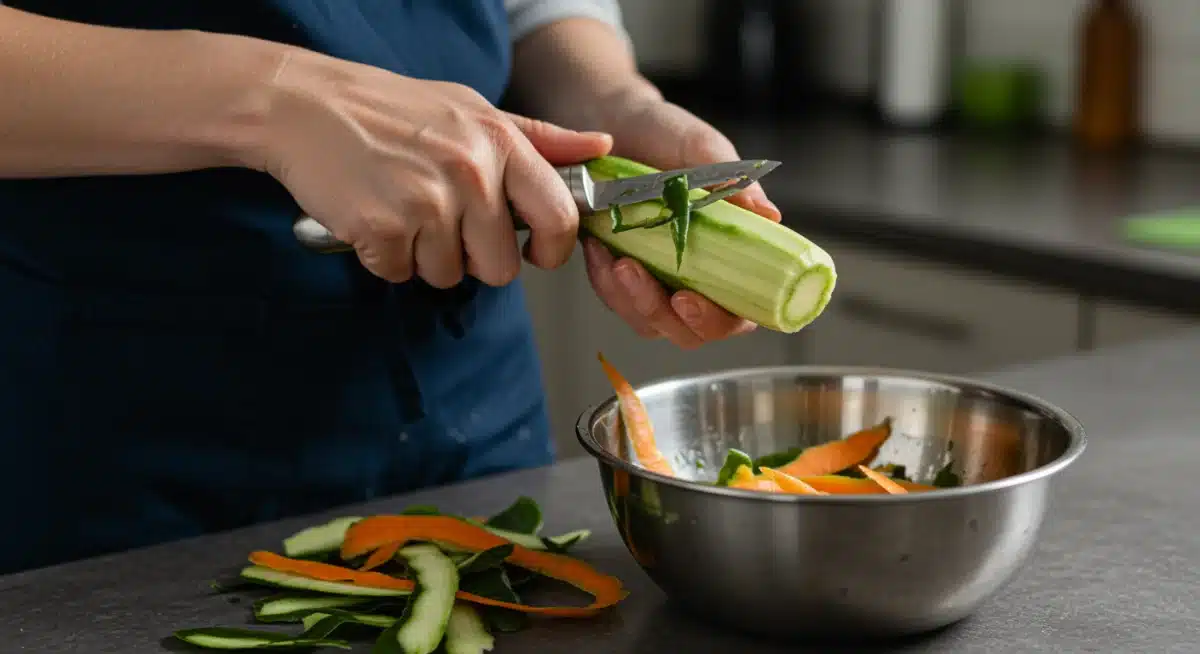 Mãos descascando legumes, com as cascas sendo guardadas em uma tigela para aproveitamento posterior.