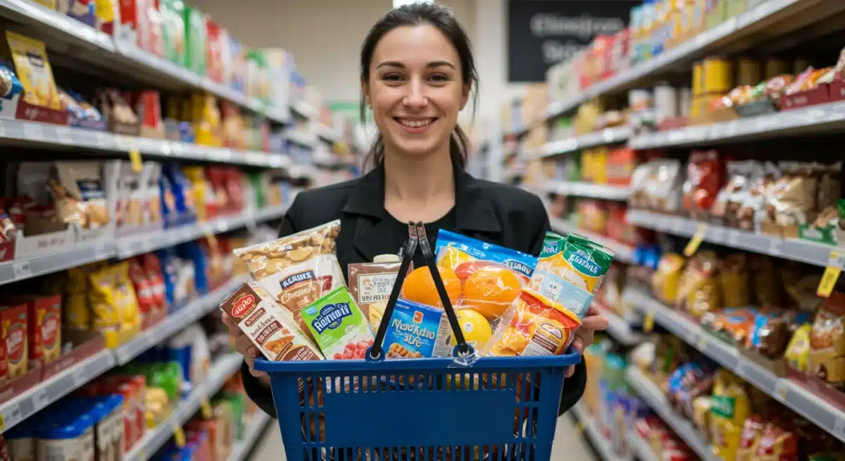 Pessoa com cesta de compras cheia de ingredientes acessíveis para sobremesas no supermercado.