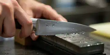 Guia prático: como afiar facas em casa em 5 passos simples Mão de chef afiando faca em pedra de amolar com água, realçando a lâmina brilhante.