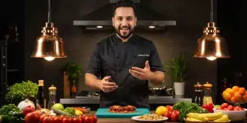 Chef brasileiro demonstrando técnica culinária rápida em cozinha moderna.