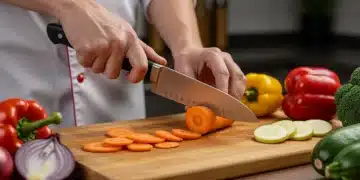 Corte de Legumes: Domine 7 Técnicas Essenciais para Otimizar Receitas Mãos de um chef cortando cenoura em uma tábua de madeira, com outros legumes coloridos ao redor, ilustrando a precisão no corte.