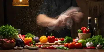 Chef brasileiro preparando rapidamente um prato tradicional com ingredientes frescos e coloridos, transmitindo agilidade e sabor na cozinha.