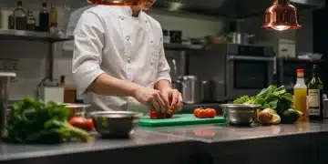 Chef preparando ingredientes rapidamente em uma cozinha moderna para pratos de alta qualidade.