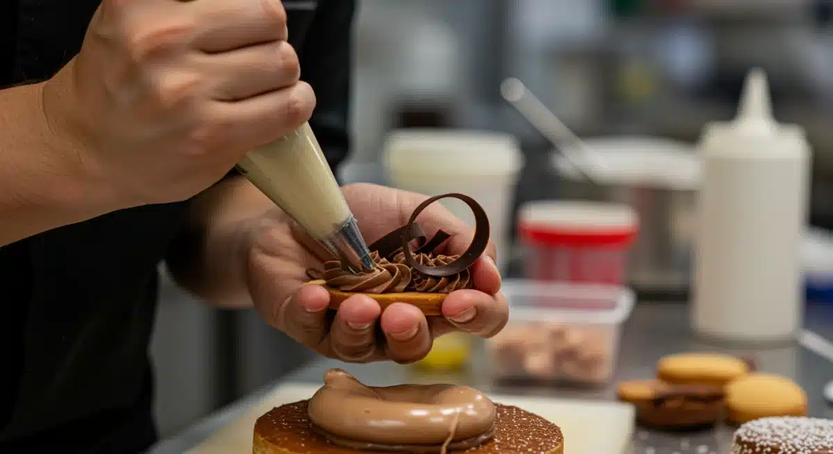Chef aplicando técnica de temperagem de chocolate em sobremesa