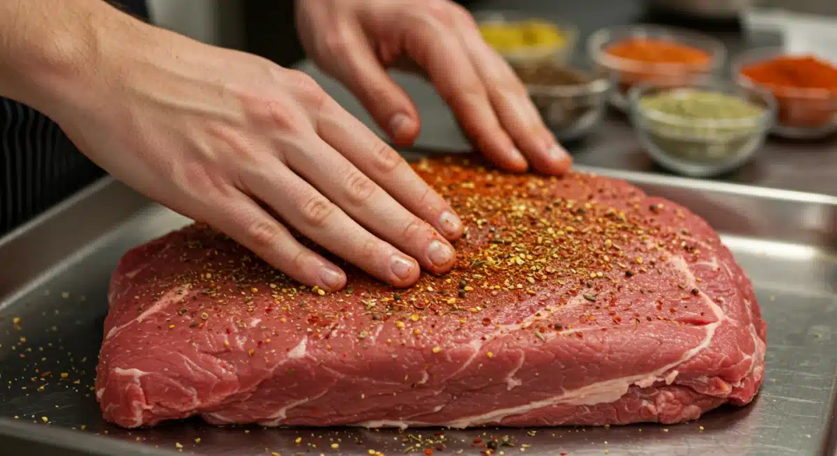 Mãos de chef temperando um corte de carne bovina com especiarias, garantindo cobertura uniforme para máximo sabor e suculência.