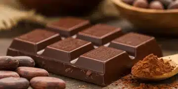 Chocolate Perfeito: Guia Completo para Sobremesas Caseiras 2026 Barra de chocolate amargo perfeitamente temperado com brilho, cercado por grãos de cacau e pó de cacau. Chocolate perfeito.