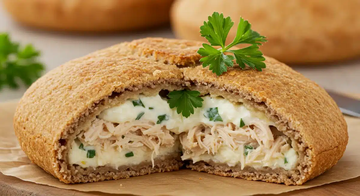 Coxinha assada e saudável, com recheio de frango e massa integral, em um prato branco.