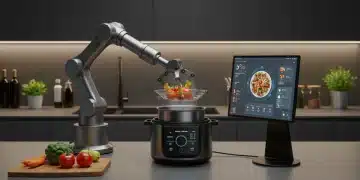 Cozinha moderna com eletrodomésticos inteligentes e tecnologia avançada para preparo de alimentos.