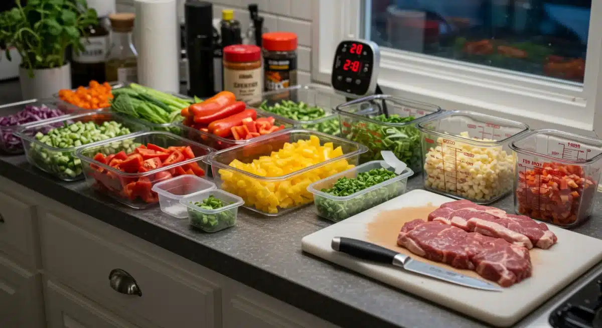 Bancada de cozinha organizada com ingredientes pré-preparados e utensílios.
