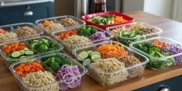 Bancada de cozinha organizada com potes de comida colorida, representando refeições preparadas em lotes para a semana.