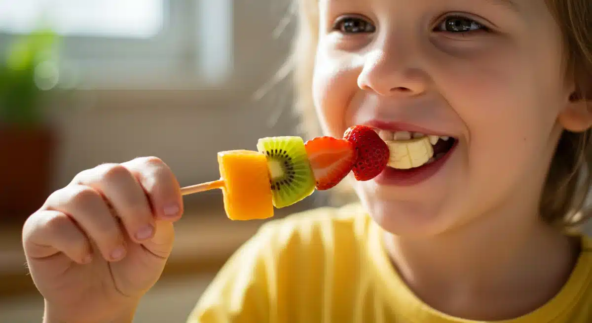 Criança sorridente comendo um espetinho de frutas coloridas, demonstrando alegria e aceitação de alimentos saudáveis.