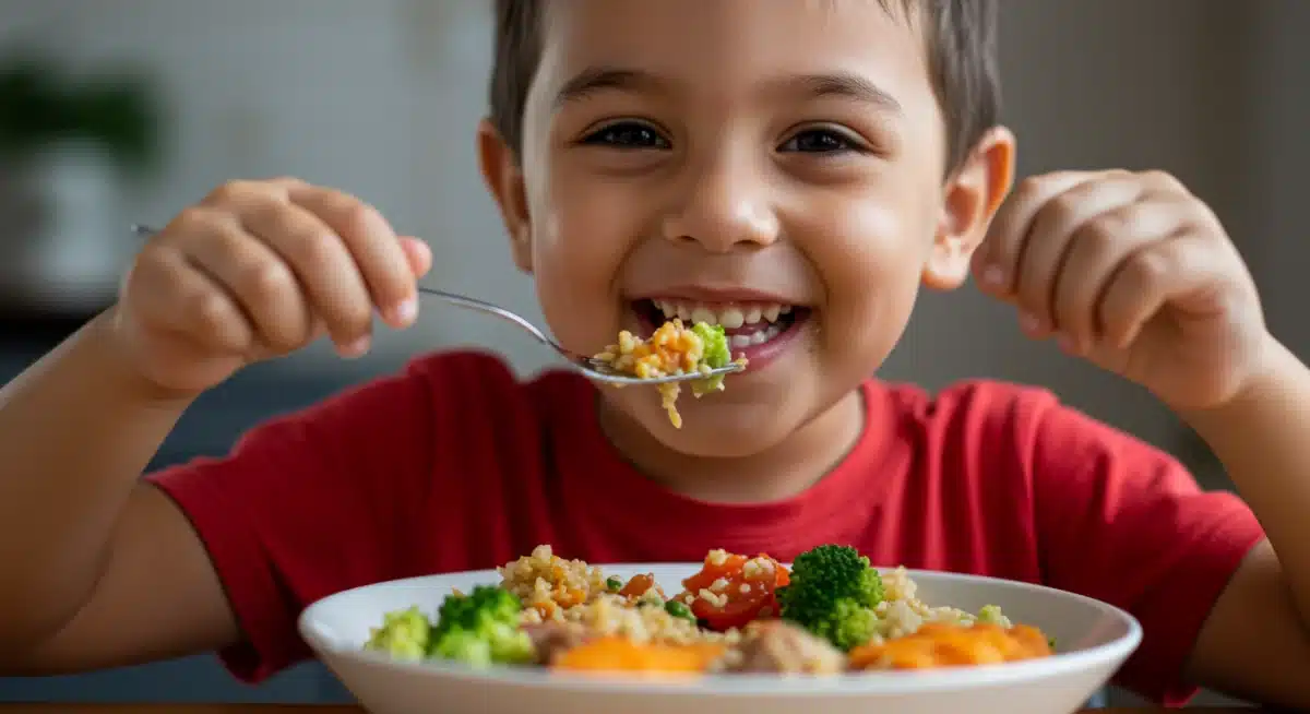 Criança sorridente desfrutando de um prato rápido e saudável, cheio de cores e nutrientes.
