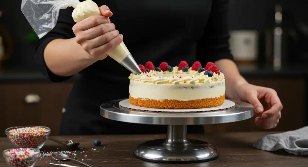 Mãos decorando um bolo caseiro com saco de confeitar, ilustrando o cuidado artesanal na produção de doces para venda.