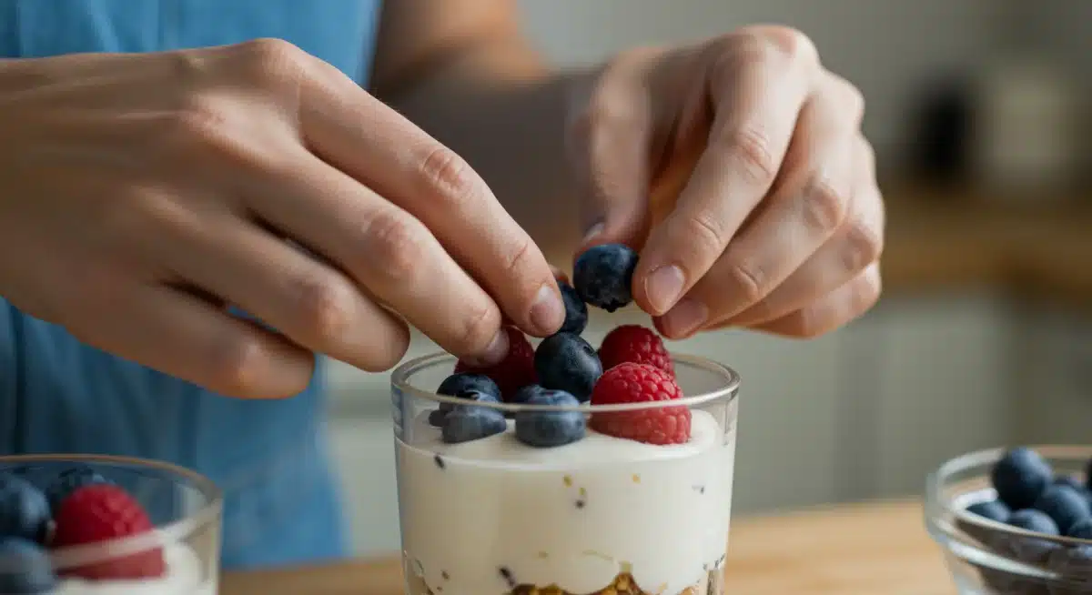 Mãos decorando uma sobremesa fit com frutas frescas vermelhas em um copo de vidro, em uma cozinha iluminada.