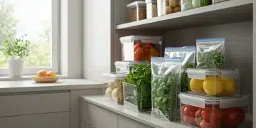 Despensa moderna com alimentos frescos organizados em recipientes herméticos