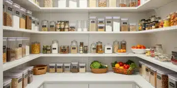 Organize sua Despensa em 1 Hora: Otimize o Fluxo Culinário Despensa impecavelmente organizada com potes transparentes e prateleiras etiquetadas, otimizando o espaço e a visibilidade dos alimentos.