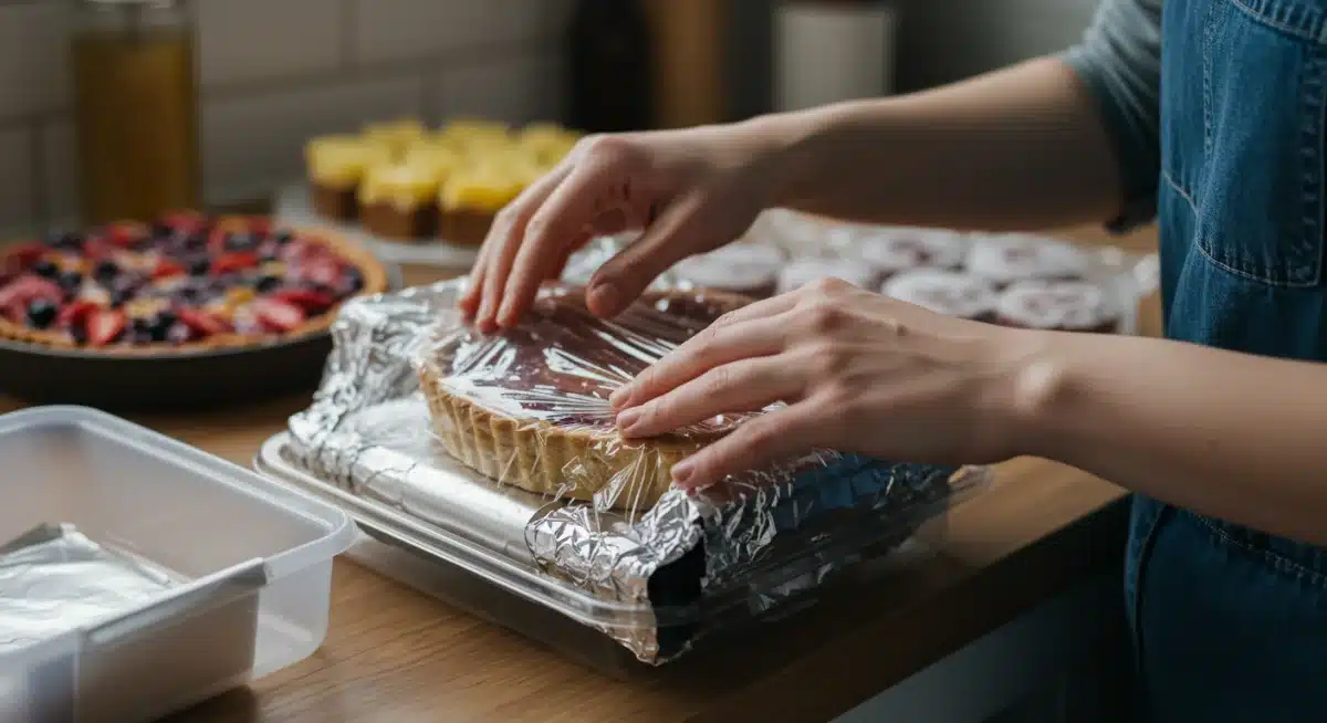 Pessoa embalando torta de frutas para congelamento, garantindo vedação perfeita.