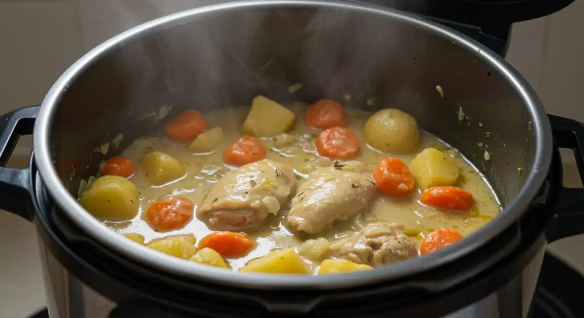 Ensopado de frango cremoso com batatas e cenouras recém-preparado em uma panela de pressão elétrica aberta.