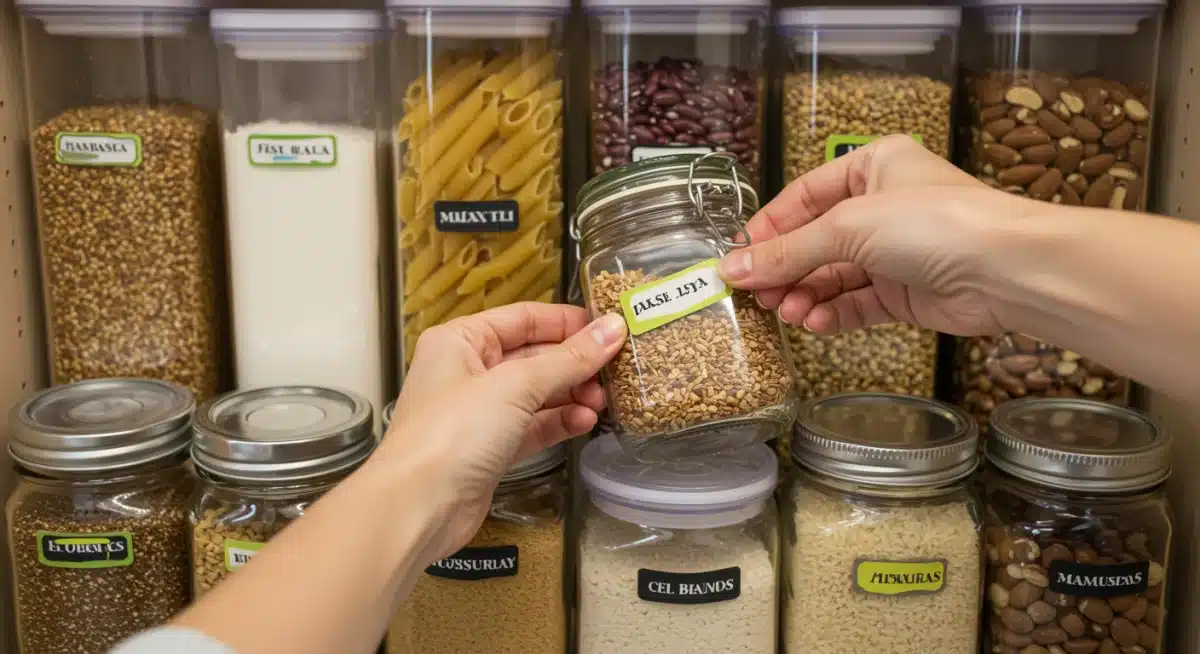 Pessoa etiquetando potes de alimentos na despensa, um passo crucial para manter a organização e facilitar a localização dos itens.