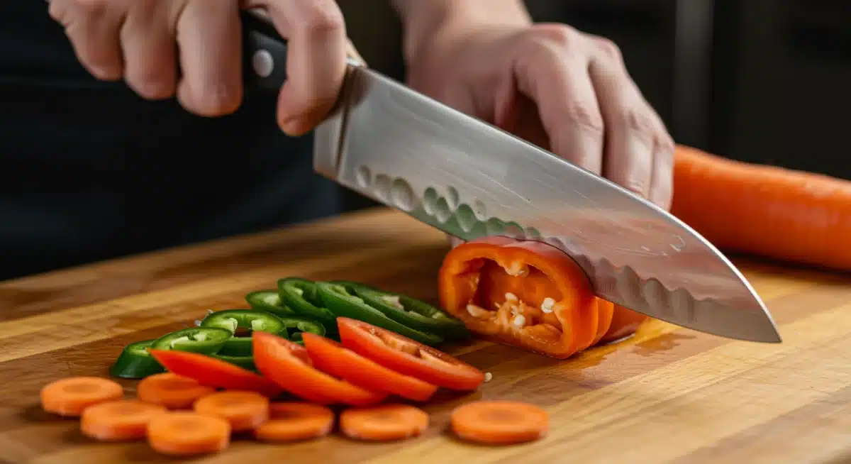 Faca de chef afiada cortando vegetais coloridos em uma tábua de madeira, demonstrando precisão e rapidez no preparo.