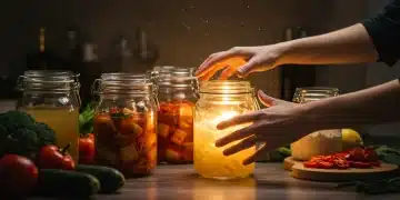 Potes de fermentação coloridos em uma cozinha iluminada, simbolizando o início da jornada na fermentação caseira.