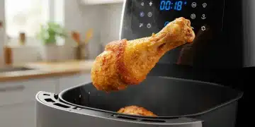 Coxa de frango crocante e dourada saindo de uma airfryer moderna, pronta em 18 minutos, com foco em refeições rápidas e saudáveis.