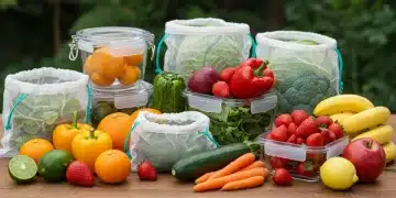 Variedade colorida de frutas e vegetais frescos dispostos e armazenados corretamente