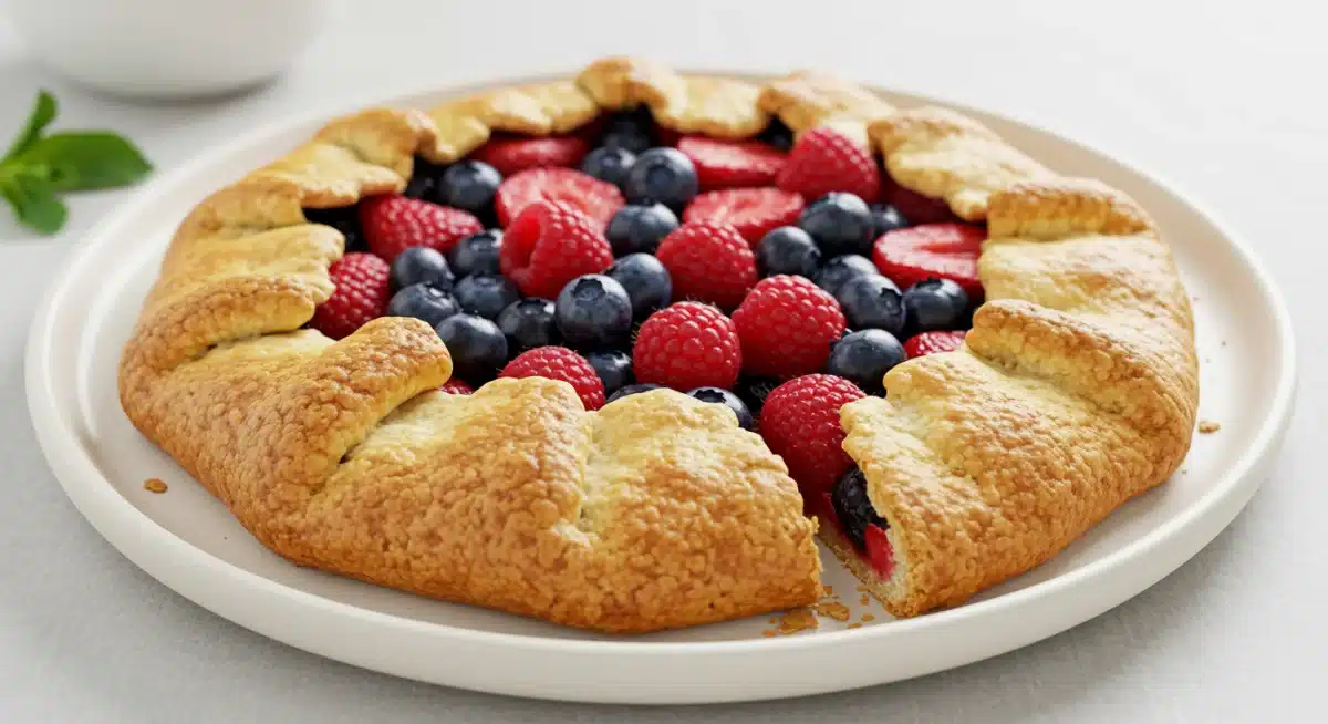 Galette de frutas vermelhas com massa de fermentação natural, exibindo uma crosta dourada e recheio vibrante.