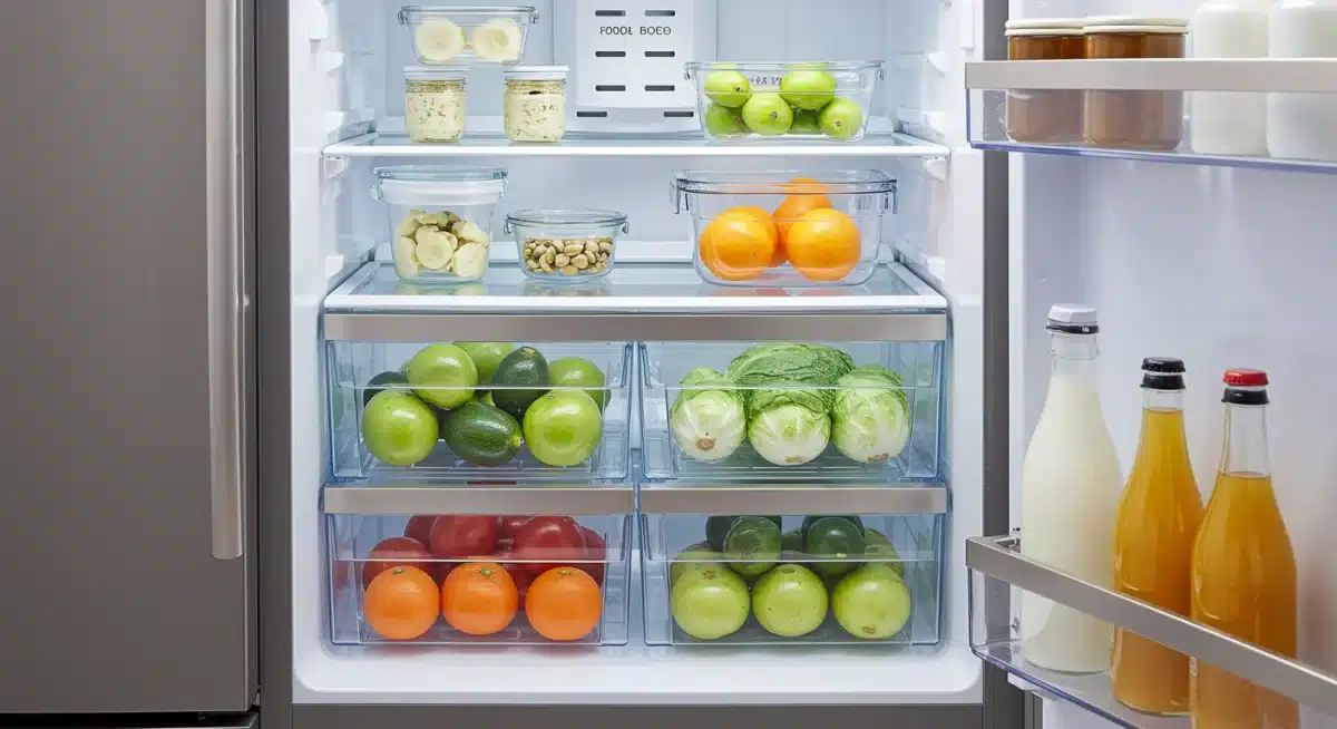 Interior de geladeira organizado com vegetais e frutas em recipientes
