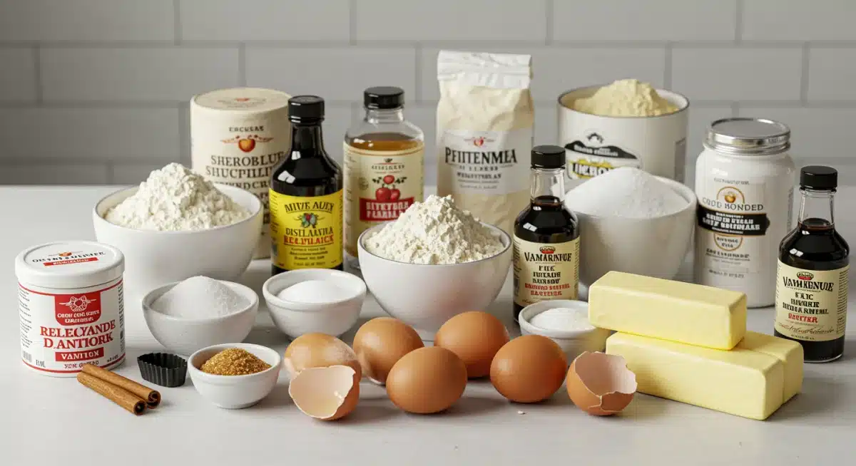 Variedade de ingredientes de confeitaria, incluindo farinha, açúcares, ovos e manteiga, dispostos em uma bancada branca.