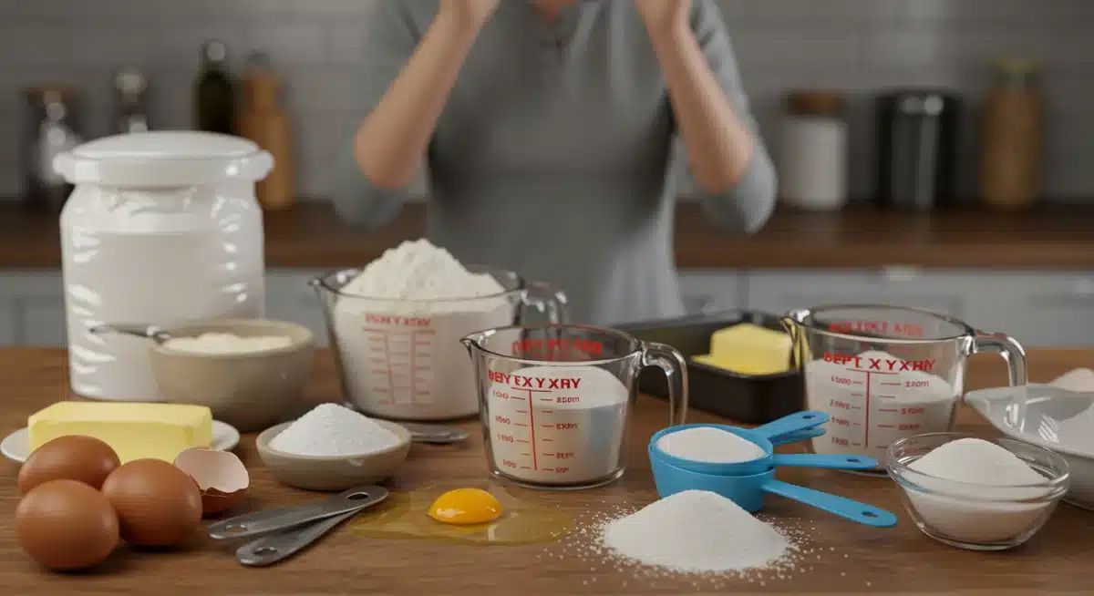 Ingredientes de sobremesa mal medidos em uma cozinha, representando um erro comum na preparação de doces.
