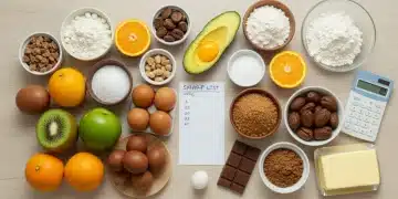 Mesa com ingredientes frescos para sobremesas, calculadora e lista de compras, simbolizando economia inteligente.