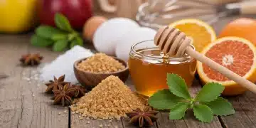 Ingredientes saudáveis para substituir açúcar em receitas, como frutas, mel e stevia, em uma mesa de madeira.