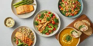 Variedade de jantares rápidos e saudáveis para a semana de trabalho de 2026, dispostos em uma bancada de cozinha moderna.