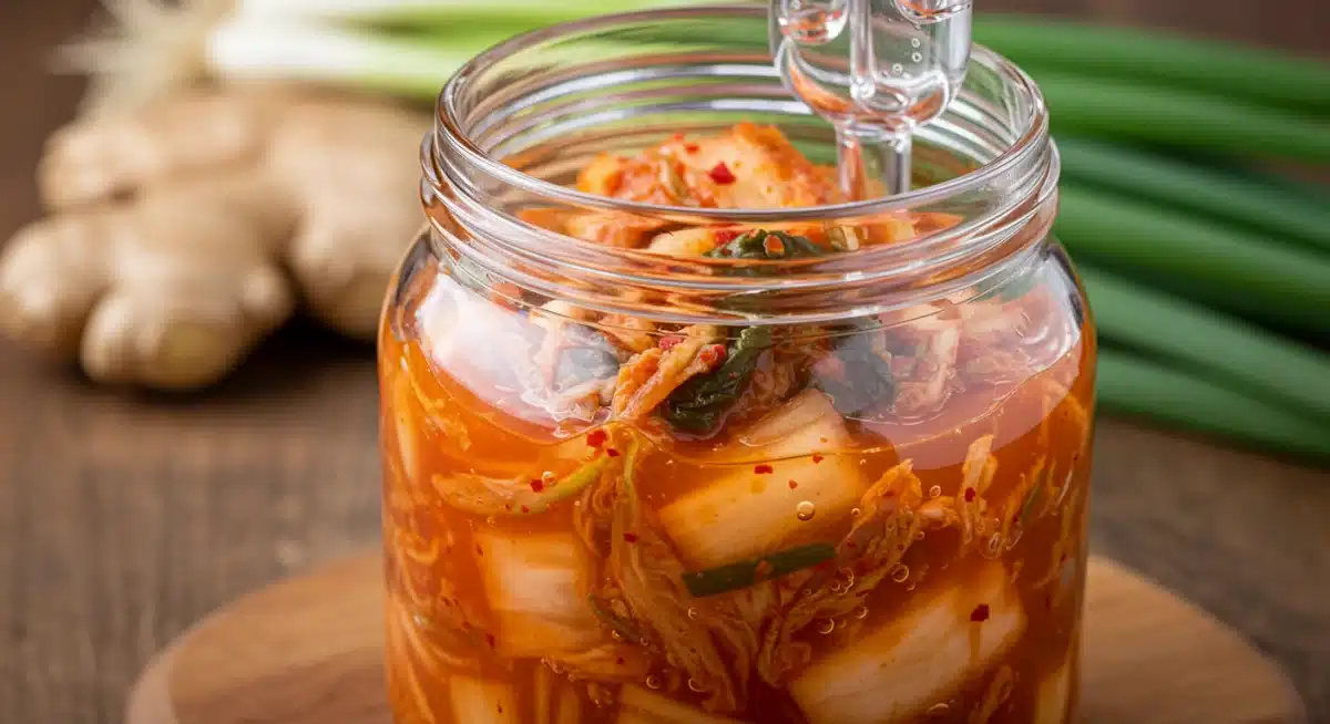 Pote de kimchi caseiro com repolho fermentado e especiarias, mostrando o processo ativo de fermentação.